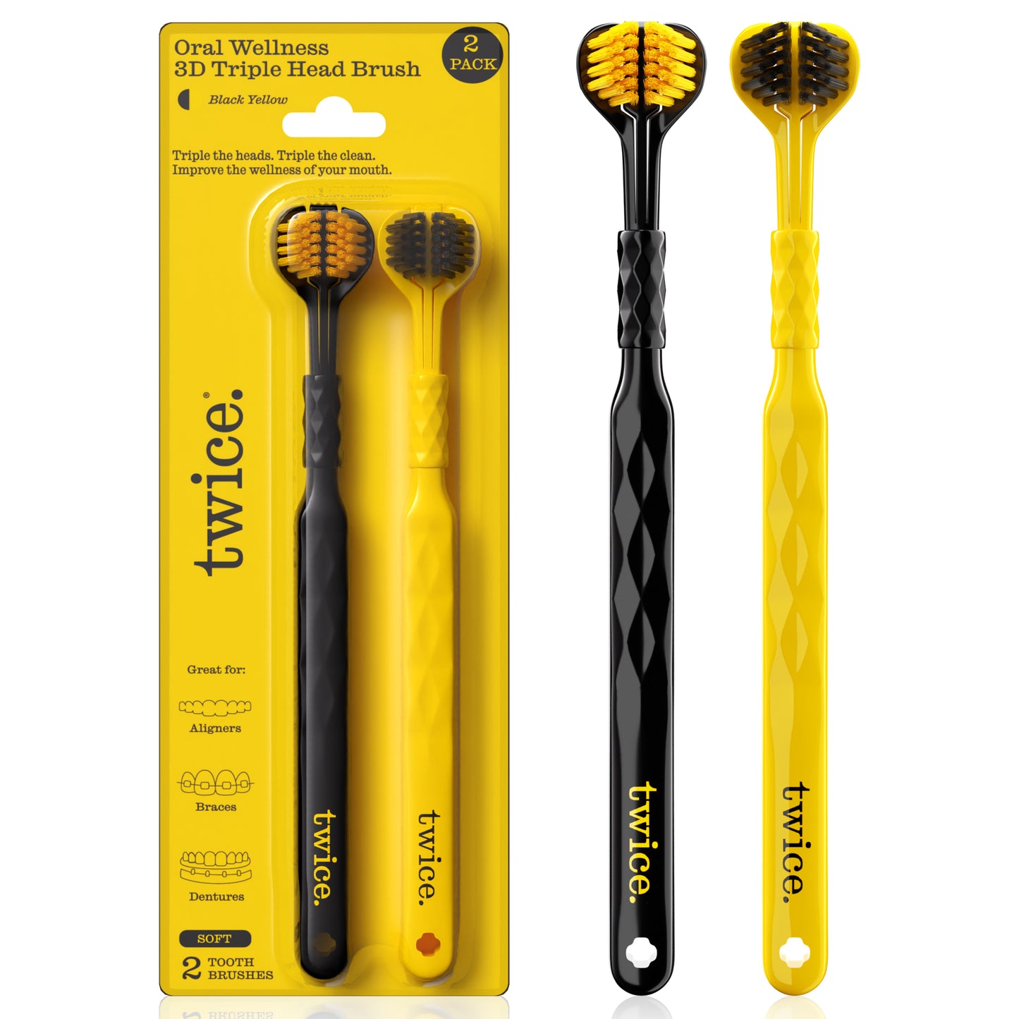 Soft Oral Wellness 3D Triple Head Toothbrushes, Gum Friendly, 2 Pack