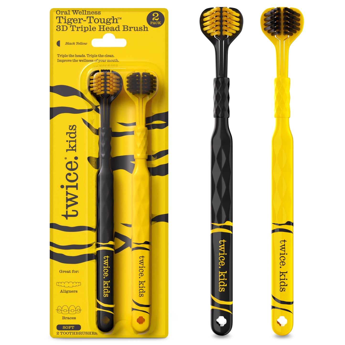 Kids Soft Oral Wellness 3D Triple Head Toothbrushes, Gum Friendly, 2 Pack